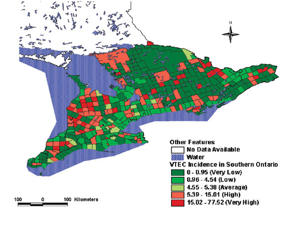 Yearly incidence of shiga toxin-producing Escherichia coli infection (per 100,000 population), southern Ontario, 1996-1998.