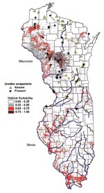 Thumbnail of Predictive risk map of habitat suitability for Ixodes scapularis in Wisconsin and Illinois.