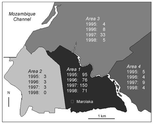Incidence of laboratory-confirmed bubonic plague cases according to the patients’ place of residence, in Mahajanga, Madagascar.