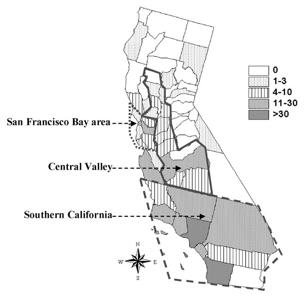 Distribution of reported cases of human brucellosis in California residents, 1973–1992.