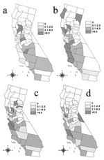 Thumbnail of Distribution of human brucellosis: age/race-adjusted incidence per 106 population in California for the following 5-year periods: (a) 1973–1977, (b) 1978–1982, (c) 1983–1987, and (d) 1988–1992.