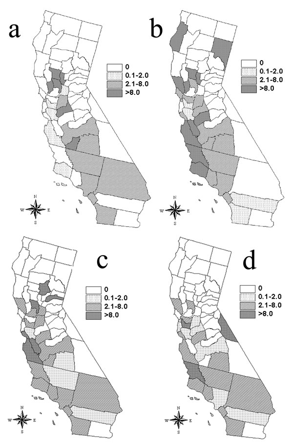 Distribution of human brucellosis: age/race-adjusted incidence per 106 population in California for the following 5-year periods: (a) 1973–1977, (b) 1978–1982, (c) 1983–1987, and (d) 1988–1992.