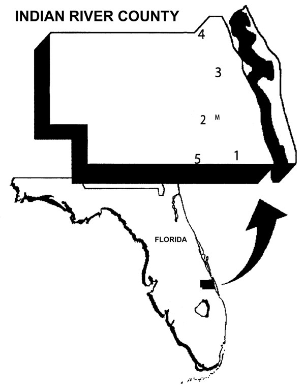 Map of Indian River County, Florida, with numbered locations of the five sentinel chicken flocks. The location of the mosquito collection site is denoted by “M.”