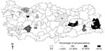 Thumbnail of Areas of Turkey sampled to detect the presence of infection with Peste des petits ruminants virus and Rinderpest virus. Numbers in parentheses indicate the number of serologic test materials collected from each location. Rectangles indicate a single outbreak; shaded provinces had multiple outbreaks. Key: 1, Aydin (100); 2, Denizli (164); 3, Balikesir (40); 4, Bursa (40); 5, Kocaeli (100); 6, Sakarya (100); 7, Eskisehir (5); 8, Bolu (160); 9, Isparta (100); 10, Ankara (20); 11, Cihanbeyli (75); 12, Konya (50); 13, Amasya (20); 14, Sivas (109); 15, Malatya (3); 16, Elazig (272); 17, Batman (50); 16, Van (199).