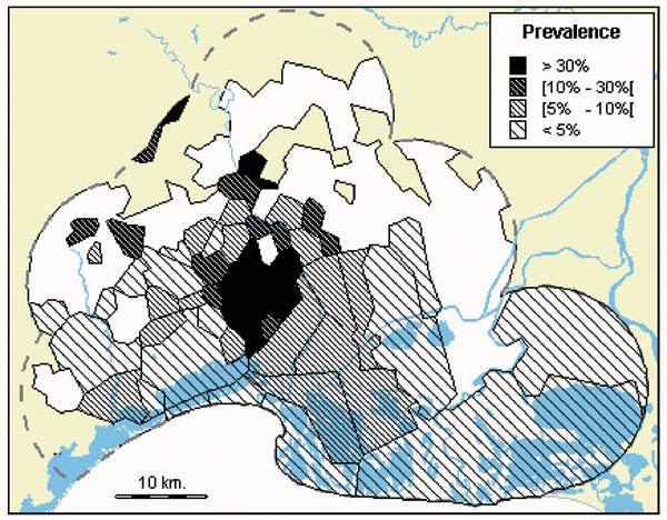 Immunoglobulin G anti-West Nile virus prevalence in 5,095 equines, by commune, Camargue, France, 2000 (n=5,095).