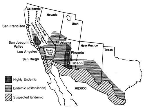 Areas in the United States endemic for Coccidioides immitis. Cross-hatching indicates the heavily disease-endemic area; single hatching indicates the moderately disease-endemic area. Reprinted with the author's permission from Kirkland (1).