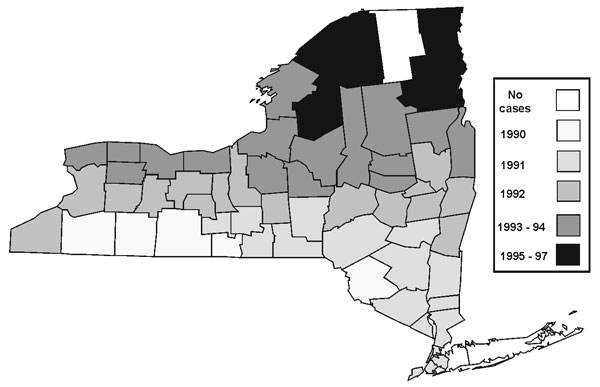 Annual distribution of raccoon-variant rabies when first confirmed within each county, New York, 1991–1997.