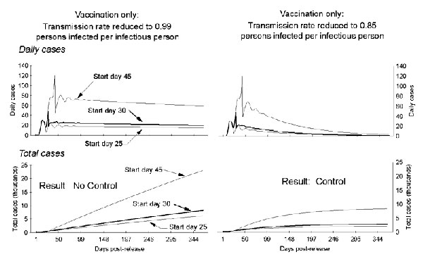 Daily and total cases of smallpox for two vaccine-induced rates of transmission and three postrelease start dates. The graphs show that, while reducing the transmission rate to 0.99 persons infected per infectious person reduces the daily number of cases over the period studied, vaccination must reduce the rate of transmission to 0.85 persons infected per infectious person to stop the outbreak within 365 days postrelease. Data were generated by assuming 100 initially infected persons and an init