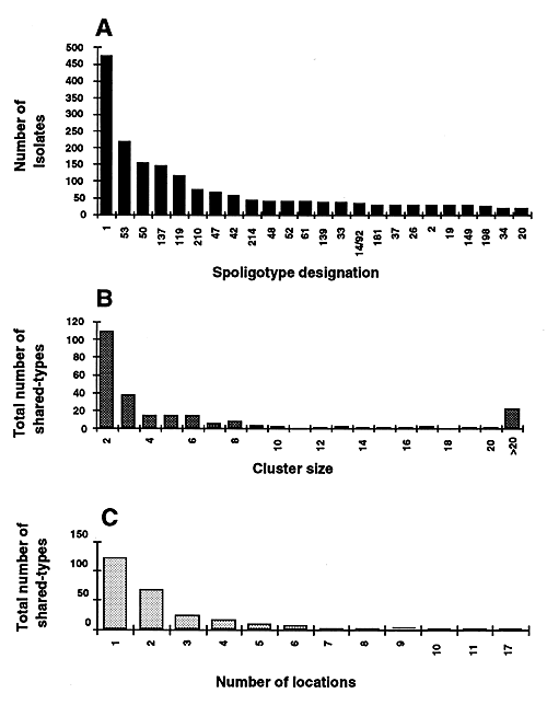 Histograms derived from database (online) summarizing the distribution of shared types (A), their respective sizes (B), and their relative distribution in different locations (C).