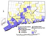 Thumbnail of Location of West Nile (WN) virus-positive mosquito pools and horses, of towns by number of WN virus-positive birds, and of the site where the WN virus seroprevalence survey was performed, Connecticut, 2000.