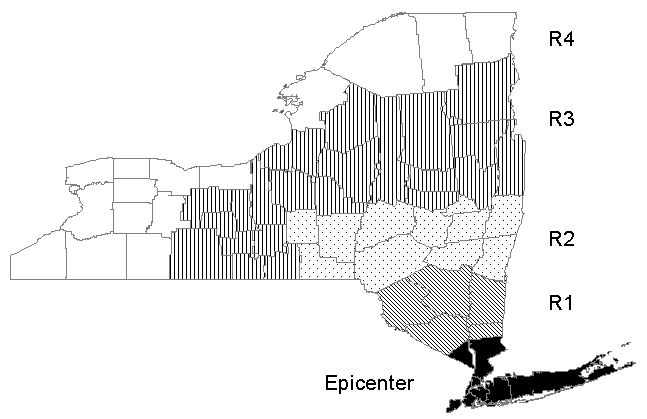 Map of New York State showing the epicenter and radial regions used for analysis. The non-epicenter was defined as R1, R2, R3, and R4. Counties included in the regions are defined in Materials and Methods.