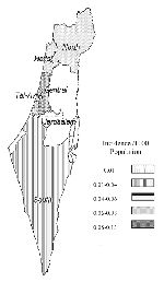 Thumbnail of Incidence of West Nile fever infection by district, Israel, 2000.