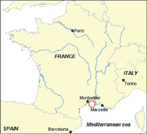 Geographic location of horses with laboratory-confirmed West Nile virus infection, France. Open circle indicates location of confirmed cases.