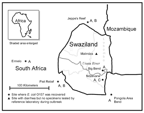 Map of the area affected by an outbreak of diarrheal illness in 1992.a aPulsed-field gel electrophoresis of 31 of the Escherichia coli O157:NM isolates from six locations identified three distinct patterns, designated A, B and C; the locations where these isolates were obtained are indicated on the map by the corresponding letter. Not shown on the map is Empangeni, South Africa, located approximately 200 km south of Swaziland border, where E. coli O157 was also recovered. The Usutu River is also