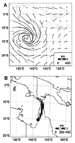 Thumbnail of The estimated flight trajectories at 100 m (A) and backtrack simulations (B) of mosquitoes from the Mitchell River for December 27, 1997. Shading represents the number of back trajectory endpoints per km2 per million simulated mosquito trajectories, with white = 0, light = &lt;10, medium 10 to 20, and dark &gt;20.