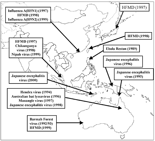 Outbreaks of viral diseases in Southeast Asia and the Western Pacific over the past decade.