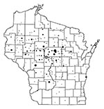 Thumbnail of Location of Wisconsin residents who submitted diarrheic stool specimens to Marshfield Laboratories. The symbol [[INLINEGRAPHIC('02-0031-M1')]] indicates the location of Marshfield, WI. Symbol size is proportional to the number of specimens. (For reference, the symbol for Marshfield = 208 specimens.)