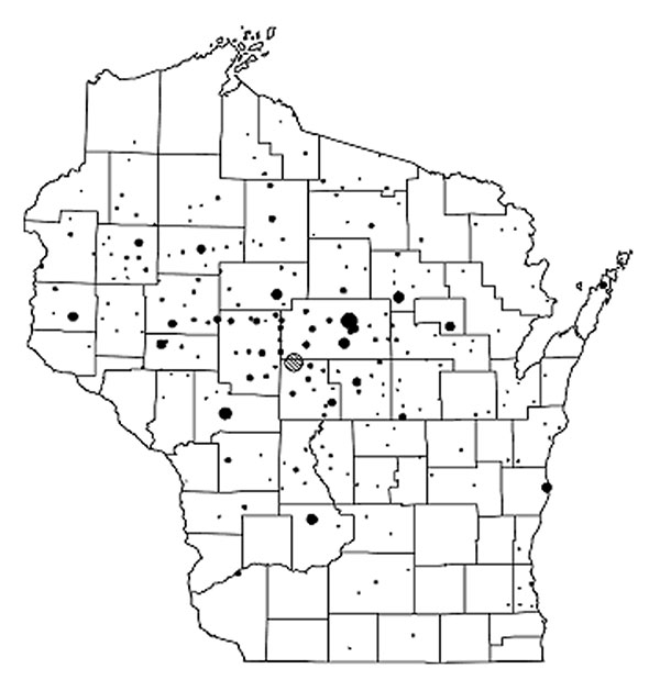 Location of Wisconsin residents who submitted diarrheic stool specimens to Marshfield Laboratories. The symbol [[INLINEGRAPHIC('02-0031-M1')]] indicates the location of Marshfield, WI. Symbol size is proportional to the number of specimens. (For reference, the symbol for Marshfield = 208 specimens.)