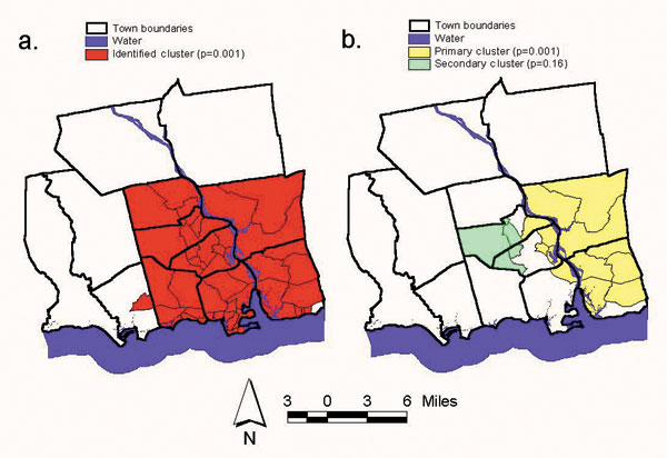 a. Single identified cluster of human granulocytic ehrlichiosis (HGE) cases within the 12-town area (maximum cluster size ≤50% total population), relative risk (RR)=1.8, p=0.001; b. Two identified clusters of HGE cases within the 12-town area (maximum cluster size ≤ 25% total population): primary cluster: RR=2.6, p=0.001, secondary cluster: RR=2.6, p=0.16.