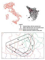 Thumbnail of Map of the study area, showing the inner polygon within the restricted zone (zone A), the corridor area (zone B), and the redrawn corridor area (zone C), in the provinces of Firenze, Lucca, and Pistoia, Tuscany Region, Italy.