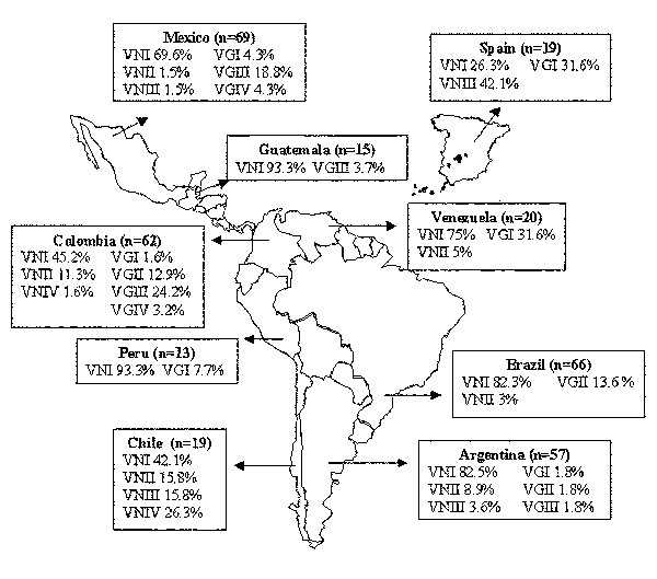 Geographic distribution of the molecular types obtained from IberoAmerican Crptococcus neoformans isolates by polymerase chain reaction fingerprinting and URA5 gene restriction fragment length polymorphis analysis (total numbers studied per country given in parentheses).