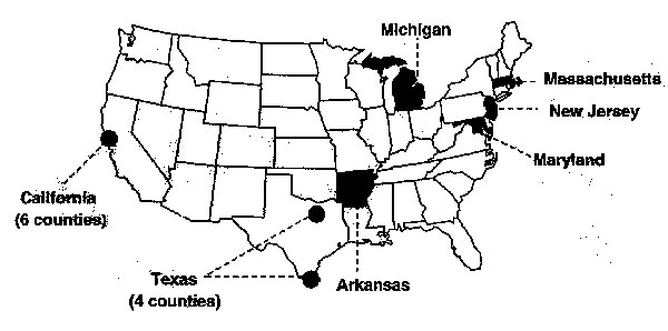 Map showing locations of the sentinel surveillance sites in the National Tuberculosis Genotyping and Surveillance Network, United States.