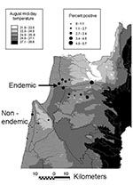 Thumbnail of Percentage of positive serum samples and average mid-day temperatures, visceral leishmaniasis study sites, northern Israel