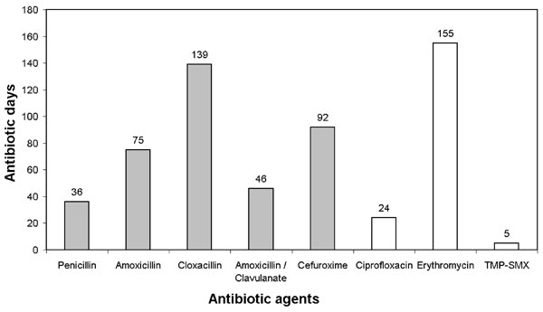 Systemic antibiotic use agents administered to infected residents in Building 15 between March and December 1997. Grids represent beta-lactam agents