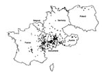 Thumbnail of Regional distribution of autochthonous alveolar echinococcosis in Europe, from 532 diagnoses ascertained from 1982 to 2000. Dots represent place of residence (at time of diagnosis or last medical record) of 1–5 patients. In Austria, Belgium, Germany, and Poland, administrative units for locating patients are the municipality; in France and Switzerland, dots are placed at random in larger units (“Arrondissement” for France, “Kanton” for Switzerland). Source: European Echinococcosis R