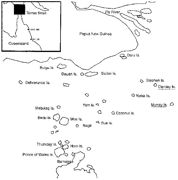 Map of Torres Strait islands showing areas of scrub typhus transmission, Darnley and Murray Islands, Torres Strait, 2000–2001.