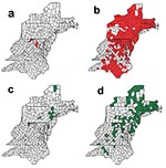 Thumbnail of Counties with at least one rabies epizootic among raccoons, 1981(a) through 2000 (b); and among skunks, 1990 (c) through 2000 (d), in the mid-Atlantic states, 1981–2000.