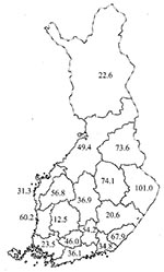 Thumbnail of Rate of domestically acquired Campylobacter jejuni infections in Finland per 100,000 inhabitants, July–September 1999.