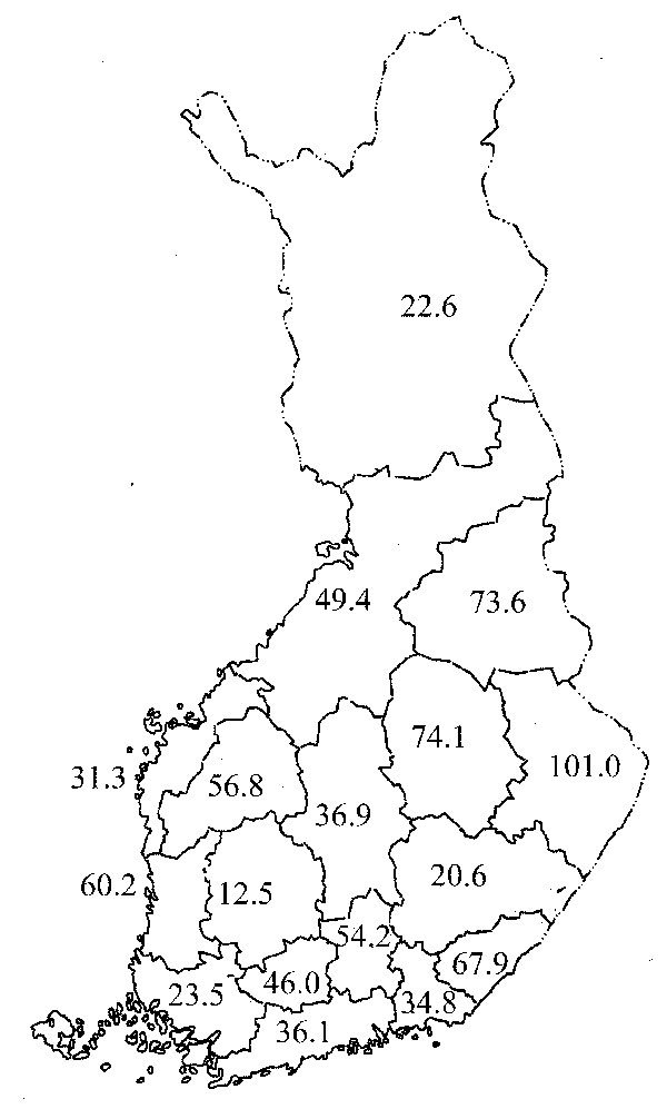 Rate of domestically acquired Campylobacter jejuni infections in Finland per 100,000 inhabitants, July–September 1999.