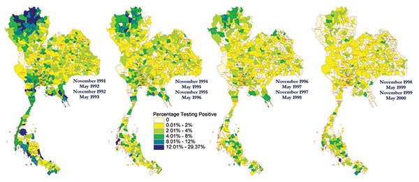 Choropleth maps of HIV prevalence in four classes of young men at time of entry into the Royal Thai Army, Thailand, 1991–2000. Location determined by residence during the previous 2 years. Prevalence is stratified by color and localized to district or group of districts so that calculations are based on &gt;20 men.