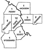Thumbnail of Counties in southeastern Missouri and southwestern Illinois in which cases of human monocytotropic ehrlichiosis (HME) were diagnosed from 1997 to 1999. Numbers represent HME cases in each county. A single case that occurred in Phelps County (south-central Missouri) is not shown