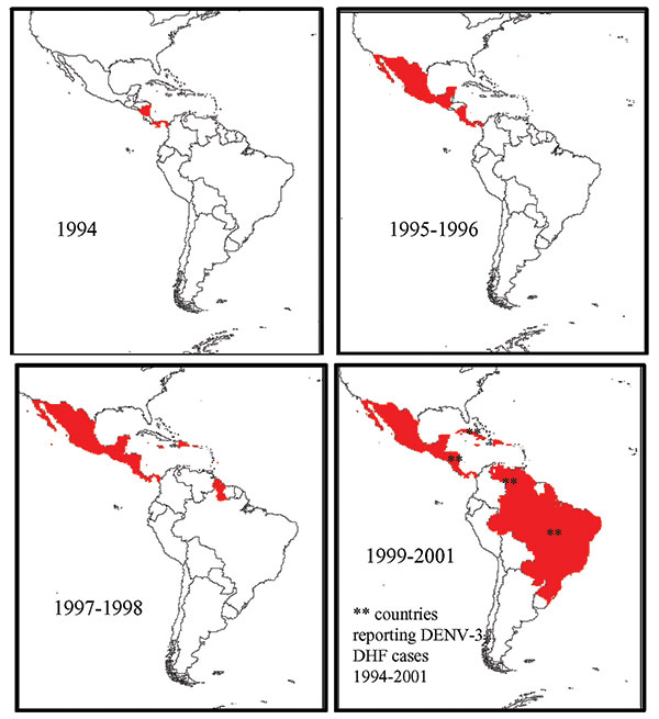 Map of the spread of dengue virus 3 (DENV-3), subtype III through Latin America and the Caribbean. The introduction of DENV-3, subtype III was first reported in November 1994 in Nicaragua and Panama. This virus strain has been isolated, identified, and reported in at least 16 other countries in the region. *Represents countries with dengue hemorrhagic fever (DHF) caused by DENV-3. These countries are Nicaragua in 1994 and 1998, Brazil and Venezuela in 2001 (Pan American Health Organization, unpu