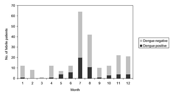 Distribution of results of dengue serologic testing by months.