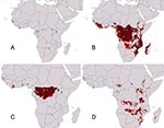 Thumbnail of Summary of known and predicted geography of filoviruses in Africa. (A) Known occurrence points of filovirus hemorrhagic fevers (HFs) identified by virus species. (B) Geographic projection of ecologic niche model based on all known filovirus disease occurrences in Africa. (C) Geographic projection of ecologic niche model based on all known Ebola HF occurrences (i.e., eliminating Marburg HF occurrences). (D) Geographic projection of ecologic niche model based on all known occurrences