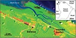 Thumbnail of Iracoubo, French Guiana (Landsat TM imagery). Housing areas (pink) are surrounded by coastal wetlands (orange), rain forest and mangrove forests (green areas). Ocean and rivers are in blue.