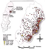 Thumbnail of Spatial distribution of nephropathia epidemica infections during 1991 to 1998 in the northern half of Sweden as suggested by patients confident about their site of virus exposure (n = 862). Sites of virus exposure are represented by red (1998 outbreak) and gray dots (remaining years). Densely built-up areas are represented by yellow squares (8,400 to 71,000 inhabitants). Kernel estimates (bold contours) on spatial clustering of cases represent 95%, 75%, and 50% chances of encounteri