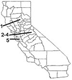 Thumbnail of California state map showing case report exposures by county: Case 1, Butte County; cases 2–4, Tuolomne County; case 5, Santa Clara County.
