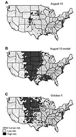 Thumbnail of (A) Human incidence map for West Nile virus (WNV) early in the transmission season, 2003, based on raw data. Incidence rates were calculated by using the number of new human cases of WNV per county through August 13, 2003, reported to the ArboNet surveillance network. High risk is defined as incidence &gt;1 case per 1 million inhabitants. (B) Model-estimated human incidence map for WNV in 2003. Expected risk was derived from the observed incidence rates from August 13, 2003. High ri