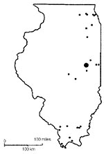 Thumbnail of Geographic locations of the study sites in the avian serologic survey for West Nile virus infection, Illinois, 2002.