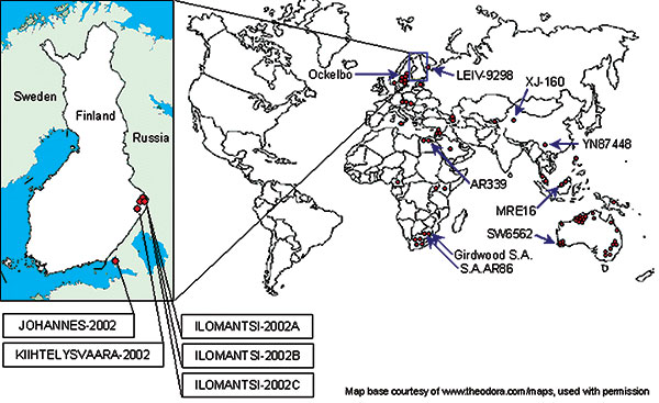 Sindbis virus isolates around the world. Each dot represents either one strain (isolated from insect or vertebrate) or several strains isolated from specific Diptera genus (e.g., Culex or Aedes) at the same time and place. The strains included in the phylogenetic analyses are indicated with arrows. The enlarged map presents the new Sindbis virus isolates introduced in this study.
