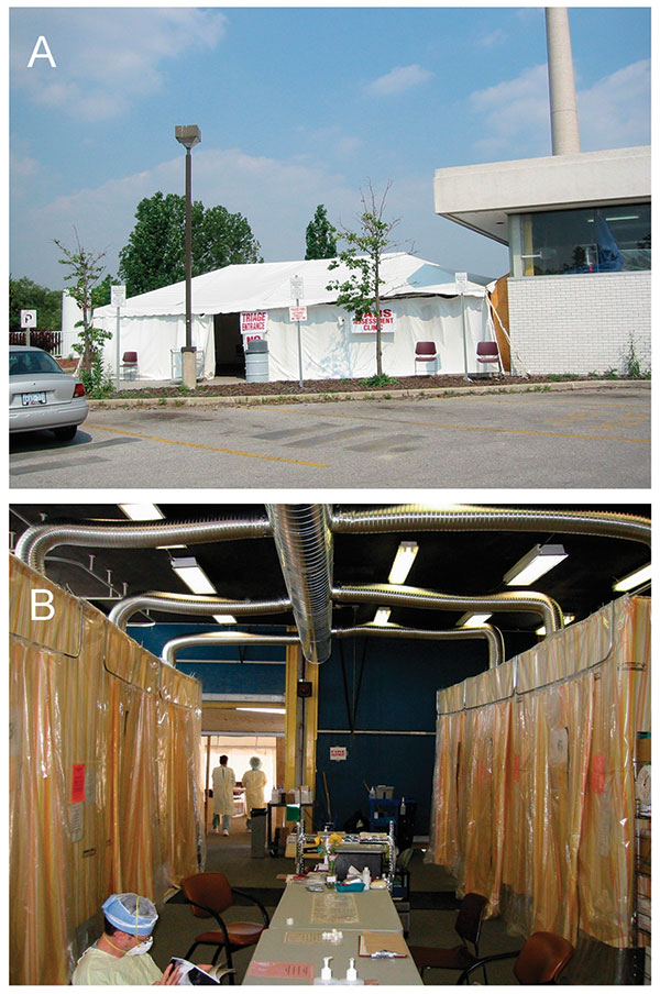 Tent assessment clinic built on ambulance loading dock for assessment of the general public for any symptom suggestive of severe acute respiratory syndrome. A, 40- x 20-foot tent constructed on the ambulance bay of the emergency department provided a spacious waiting area adjacent to the clinic area; B, inside the tent, eight cubicles were constructed with metal pipe frames and thick plastic walls, each ventilated with a custom-built ventilation system.