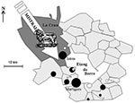 Thumbnail of Etang de Berre area of France, showing the location of “La Crau” (sheep-breeding area), and the direction of the mistral wind. The black dots represent the human Q fever cases (places of residence). The white dots represent the 7 cases which occurred in December 1998 to January 1999.