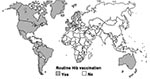 Thumbnail of Global status of countries using Hib conjugate vaccine in their national immunization program in 2001 (J. Wenger, WHO, unpub. data).