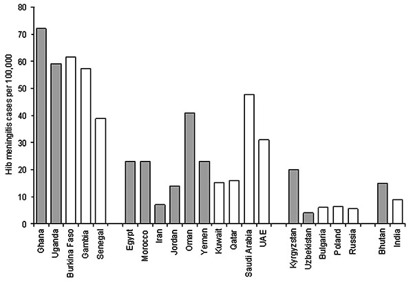 Comparison of incidence rates of Haemophilus influenzae type b (Hib) meningitis per 100,000 children &lt;5 years of age between the rapid assessment tool (gray bars) and prospective, population-based laboratory surveillance (white bars), by region (8–10,12,19–26). (UAE, United Arab Emirates).