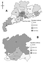 Thumbnail of Geographic distribution of population in: (A) urban districts of Guangzhou city, (B) Guangdong Province and district-specific incidence of severe acute respiratory syndrome (per 100,000 population).