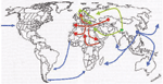 Thumbnail of Geographic origin and routes of spreading of three historical plague pandemics labeled in red (Justinian plague), green (Black Death), and blue (modern), according to historical transcriptions reviewed in Perry (2).